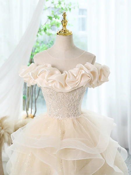 Off the Shoulder Short Champagne Prom Dresses, Short Champagne Beaded Formal Homecoming Dresses