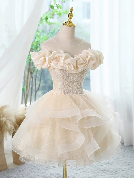 Off the Shoulder Short Champagne Prom Dresses, Short Champagne Beaded Formal Homecoming Dresses