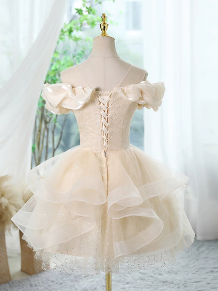 Off the Shoulder Short Champagne Prom Dresses, Short Champagne Beaded Formal Homecoming Dresses
