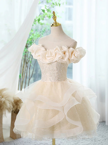 Off the Shoulder Short Champagne Prom Dresses, Short Champagne Beaded Formal Homecoming Dresses