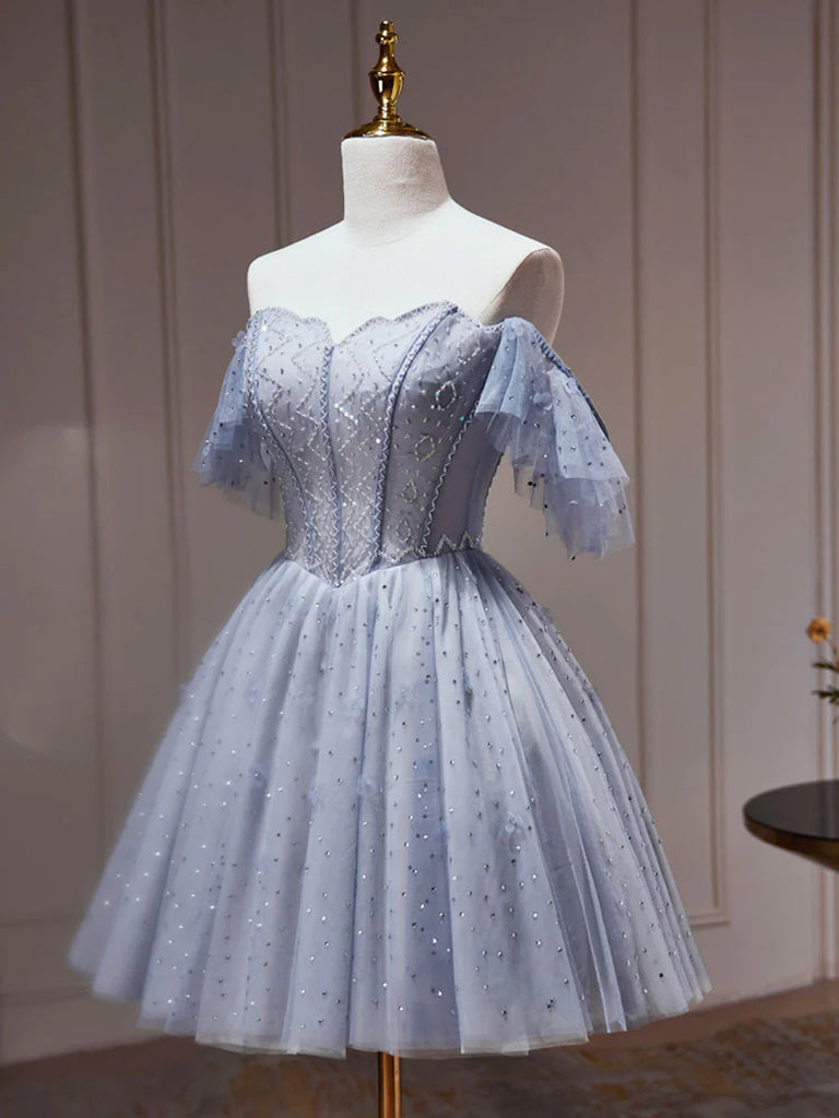 Off the Shoulder Short Gray Beaded Prom Dresses, Short Gray Beaded Gra jbydress Off the Shoulder Short Gray Beaded Prom Dresses, Short Gray Beaded Gra jbydress