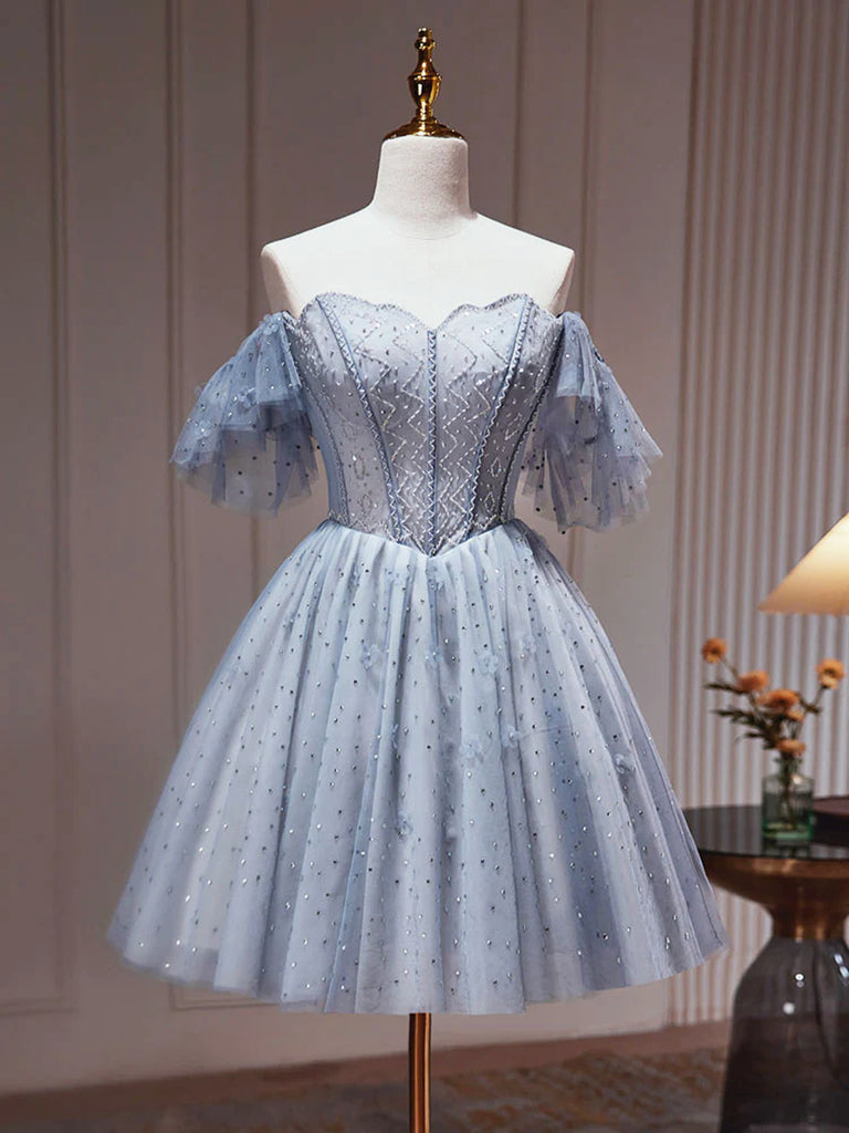 Off the Shoulder Short Gray Beaded Prom Dresses, Short Gray Beaded Gra jbydress Off the Shoulder Short Gray Beaded Prom Dresses, Short Gray Beaded Gra jbydress