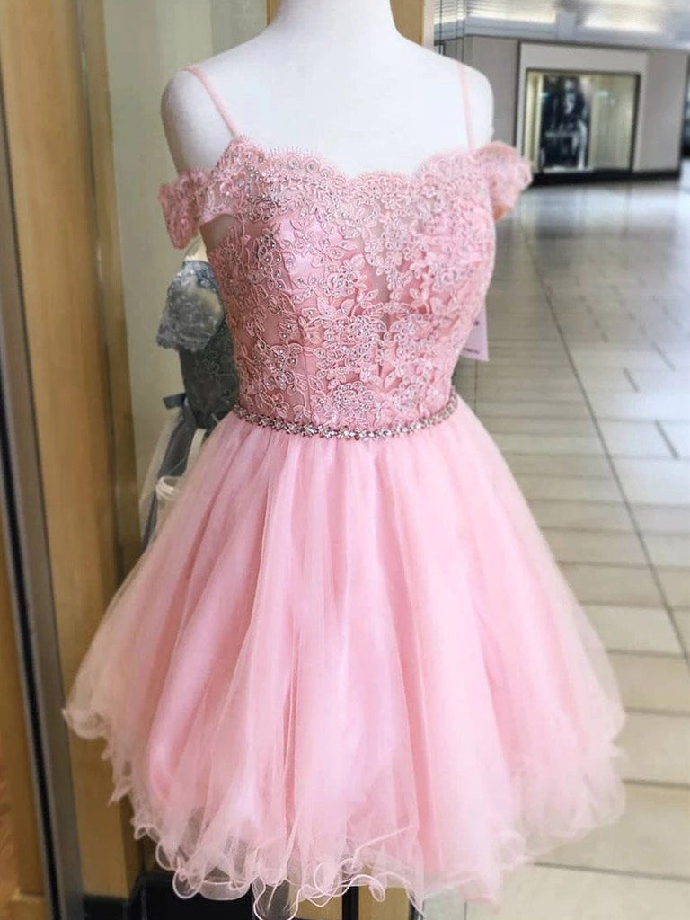 Off the Shoulder Short Pink Lace Prom Dresses, Short Pink Lace Formal Homecoming Dresses