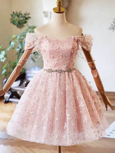 Off the Shoulder Short Pink Tulle Prom Dresses, Short Pink Tulle Formal Homecoming Dresses