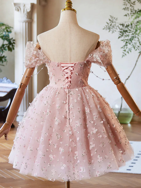 Off the Shoulder Short Pink Tulle Prom Dresses, Short Pink Tulle Formal Homecoming Dresses