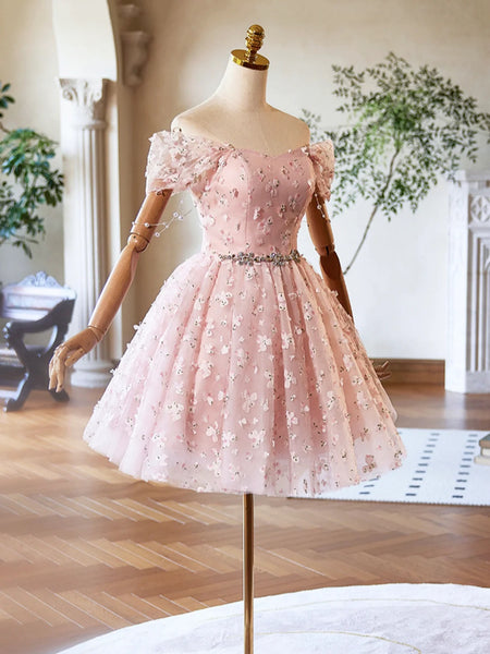 Off the Shoulder Short Pink Tulle Prom Dresses, Short Pink Tulle Formal Homecoming Dresses