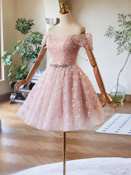 Off the Shoulder Short Pink Tulle Prom Dresses, Short Pink Tulle Formal Homecoming Dresses