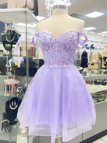 Off the Shoulder Short Purple Lace Prom Dresses, Short Purple Lace Formal Homecoming Dresses