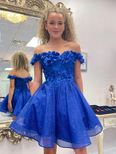 Off the Shoulder Short Royal Blue Floral Prom Dresses, Short Royal Blu
