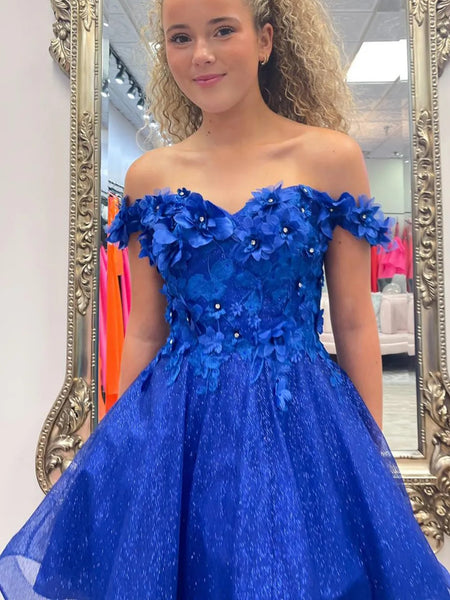 Off the Shoulder Short Royal Blue Floral Prom Dresses, Short Royal Blue Graduation Homecoming Dresses