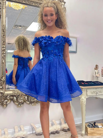 Off the Shoulder Short Royal Blue Floral Prom Dresses, Short Royal Blue Graduation Homecoming Dresses
