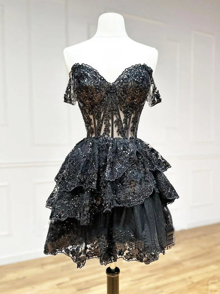 Off the Shoulder Short Tulle Black Lace Prom Dresses, Short Black Lace Graduation Homecoming Dresses