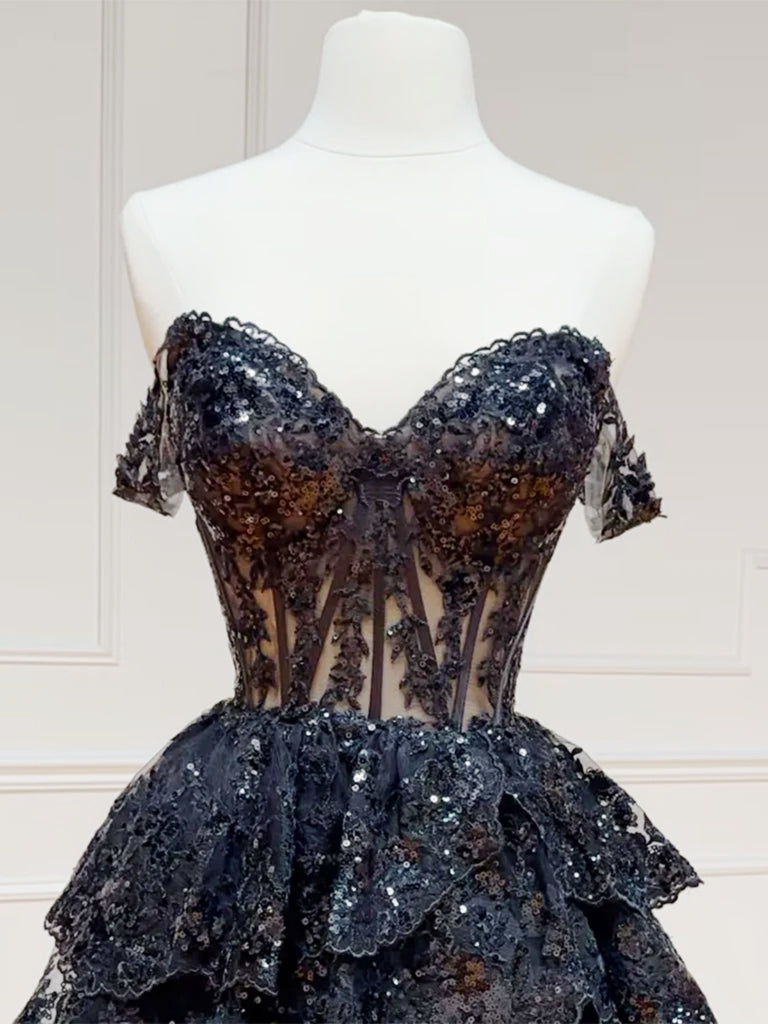 Off the Shoulder Short Tulle Black Lace Prom Dresses, Short Black Lace jbydress Off the Shoulder Short Tulle Black Lace Prom Dresses, Short Black Lace jbydress