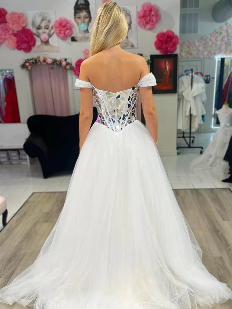 formal white and silver dress Silver Off-Shoulder Long Sequin Formal Dress -PromGirl Silver / 6