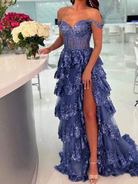 Off the Shoulder Silver Gray Lace Layered Long Prom Dresses, Silver Gray Lace Layered Formal Evening Dresses