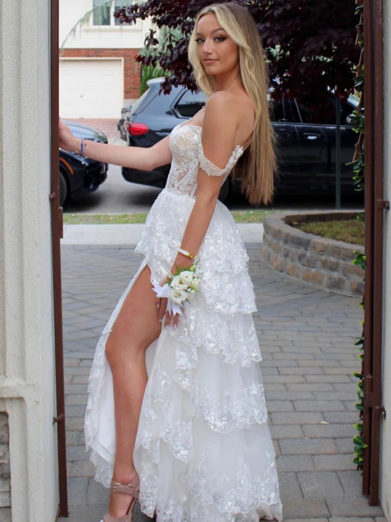 Off the Shoulder White Lace Layered Long Prom Dresses, Off Shoulder Wh jbydress Off the Shoulder White Lace Layered Long Prom Dresses, Off Shoulder Wh jbydress