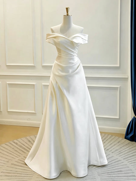 Off the Shoulder White Satin Wedding Dress, Simple A Line Bridal Gown, Lace Up Back Ivory Wedding Gown
