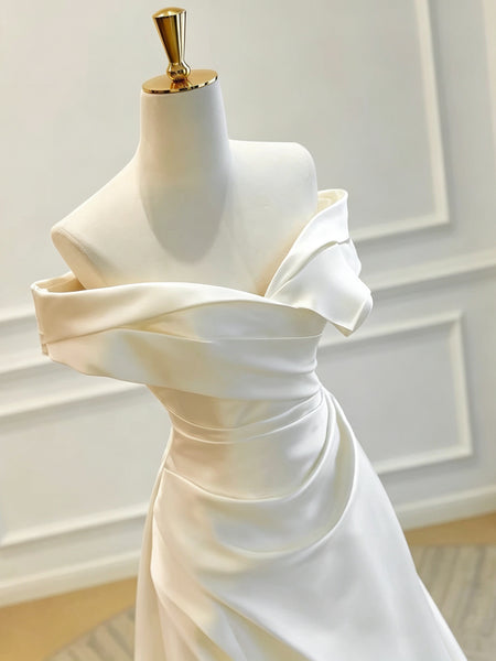 Off the Shoulder White Satin Wedding Dress, Simple A Line Bridal Gown, Lace Up Back Ivory Wedding Gown
