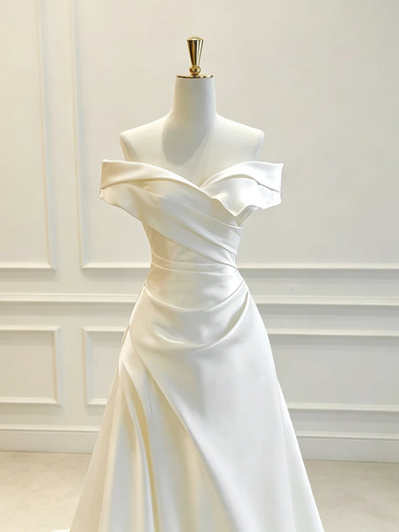 Off the Shoulder White Satin Wedding Dress, Simple A Line Bridal Gown, Lace Up Back Ivory Wedding Gown