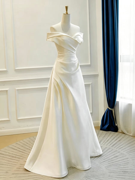Off the Shoulder White Satin Wedding Dress, Simple A Line Bridal Gown, Lace Up Back Ivory Wedding Gown