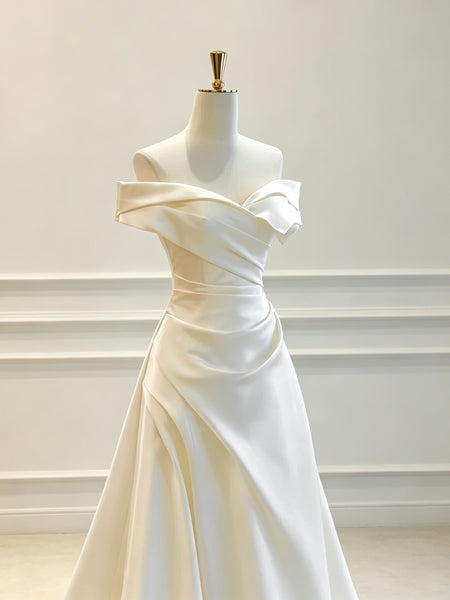 Off the Shoulder White Satin Wedding Dress, Simple A Line Bridal Gown, Lace Up Back Ivory Wedding Gown