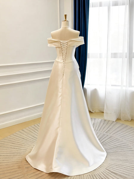 Off the Shoulder White Satin Wedding Dress, Simple A Line Bridal Gown, Lace Up Back Ivory Wedding Gown