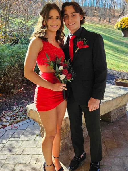 One Shouder Short Black Red Purple Lace Prom Dresses, One Shoulder Short Lace Formal Homecoming Dresses