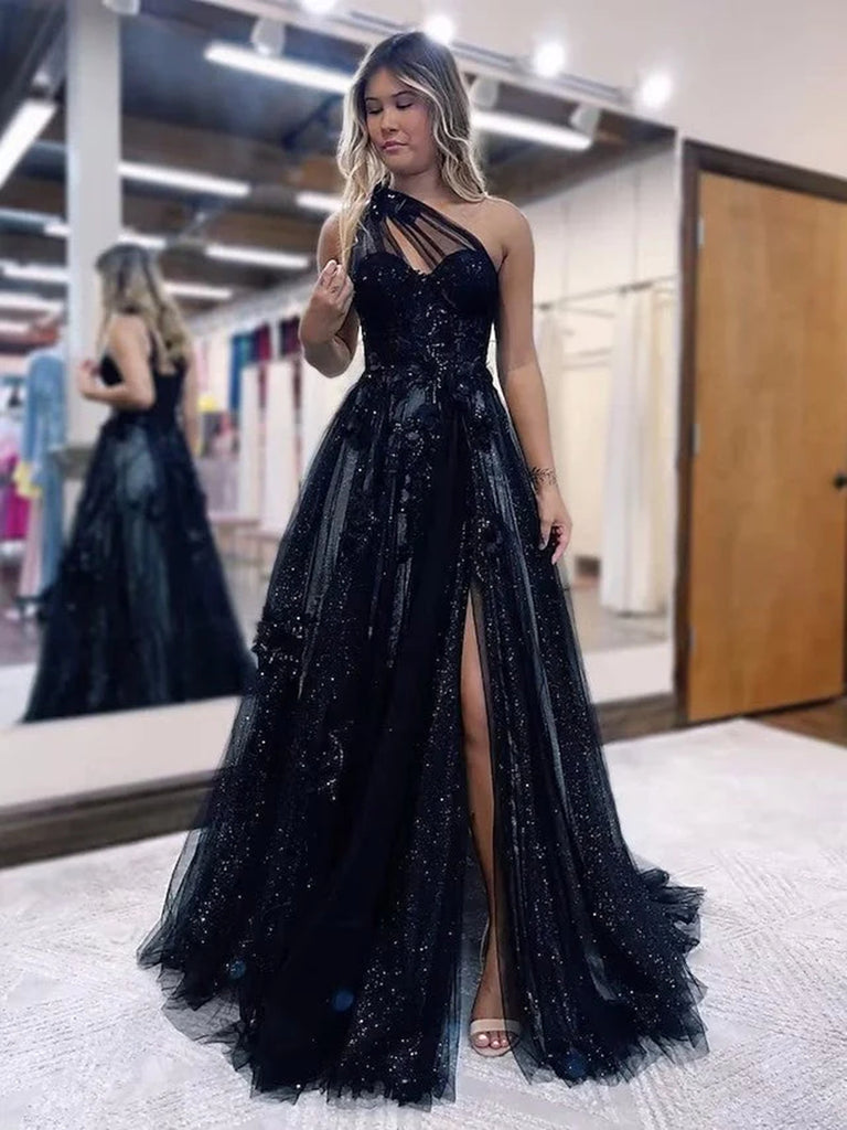 One Shoulder Black Long Appliqued Split Prom Dress Pockets Feathers –  Pgmdress