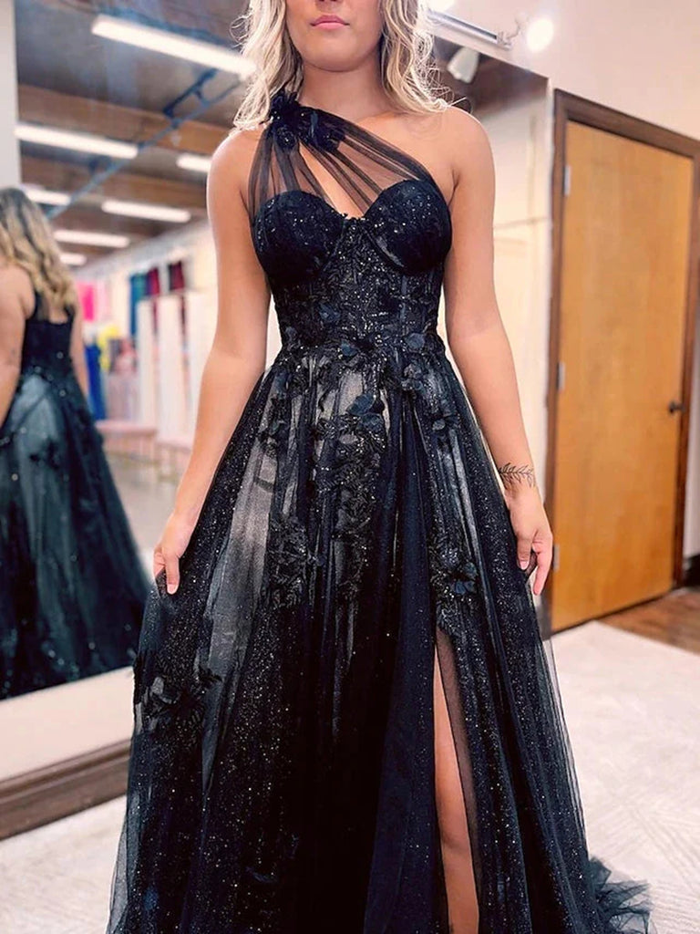 one shoulder black dress formal One Shoulder Black Lace Prom Dresses, One Shoulder Black Lace Formal E – jbydress