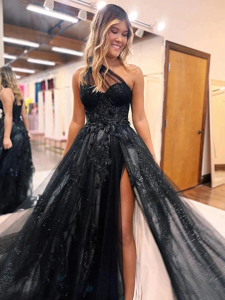 One Shoulder Black Lace Prom Dresses, One Shoulder Black Lace Formal E –  jbydress