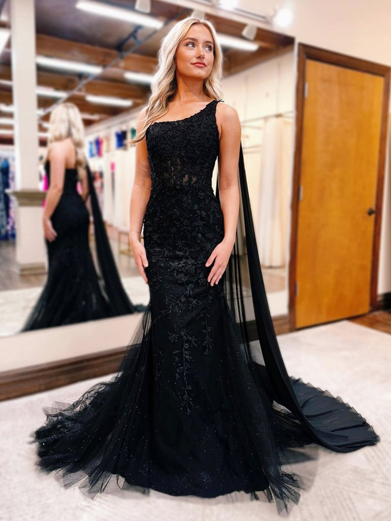 One Shoulder Black Mermaid Lace Prom Dresses, Black One Shoulder Merma jbydress One Shoulder Black Mermaid Lace Prom Dresses, Black One Shoulder Merma jbydress