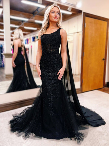 One Shoulder Black Mermaid Lace Prom Dresses, Black One Shoulder Mermaid Lace Formal Graduation Dresses