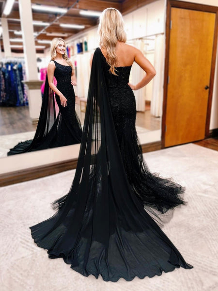 One Shoulder Black Mermaid Lace Prom Dresses, Black One Shoulder Mermaid Lace Formal Graduation Dresses