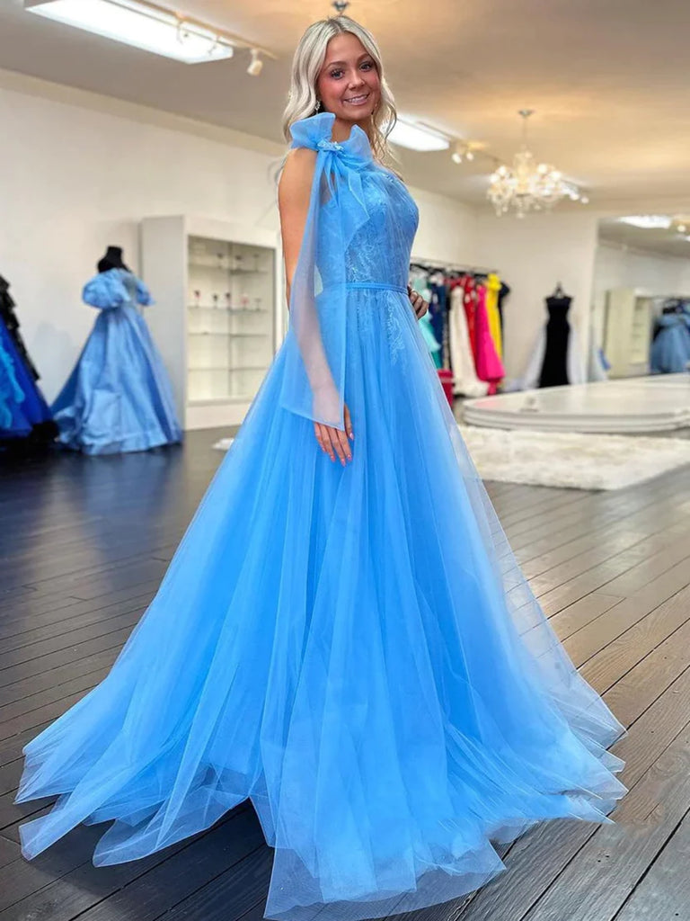 One Shoulder Blue Lace Long Prom Dresses with High Slit, One Shoulder jbydress One Shoulder Blue Lace Long Prom Dresses with High Slit, One Shoulder jbydress