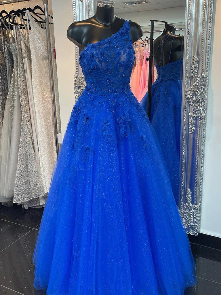 One Shoulder Blue Yellow Long Lace Prom Dresses, One Shoulder Lace Formal Evening Dresses
