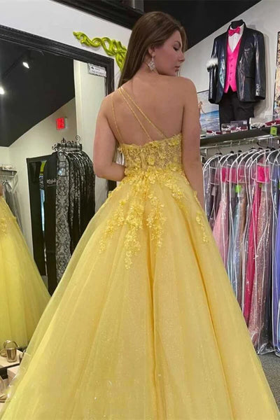 One Shoulder Blue Yellow Long Lace Prom Dresses, One Shoulder Lace Formal Evening Dresses