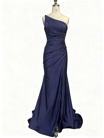 One Shoulder Dark Navy Blue Beaded Long Prom Dresses, One Shoulder Dark Blue Mermaid Long Formal Evening Dresses