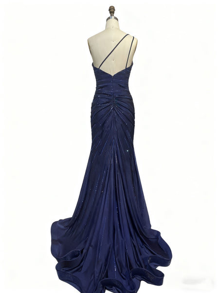 One Shoulder Dark Navy Blue Beaded Long Prom Dresses, One Shoulder Dark Blue Mermaid Long Formal Evening Dresses