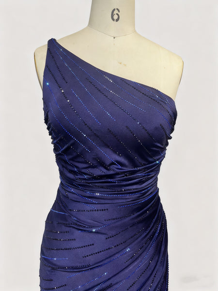 One Shoulder Dark Navy Blue Beaded Long Prom Dresses, One Shoulder Dark Blue Mermaid Long Formal Evening Dresses