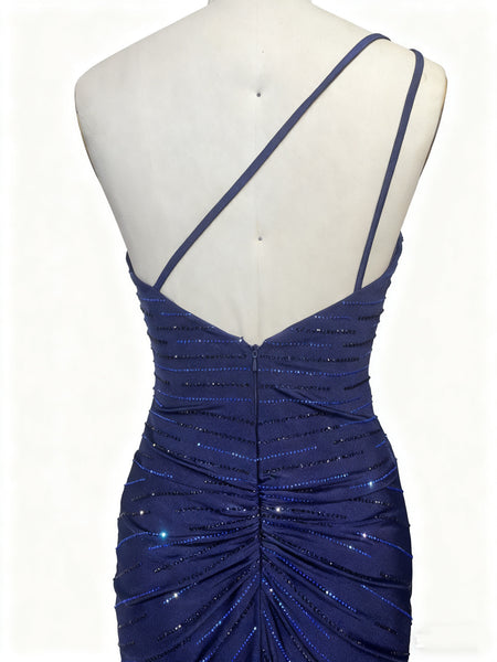 One Shoulder Dark Navy Blue Beaded Long Prom Dresses, One Shoulder Dark Blue Mermaid Long Formal Evening Dresses