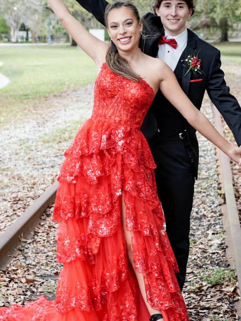 One Shoulder Layered Blue/Pink/Red Lace Long Prom Dresses with High Sl jbydress One Shoulder Layered Blue/Pink/Red Lace Long Prom Dresses with High Sl jbydress