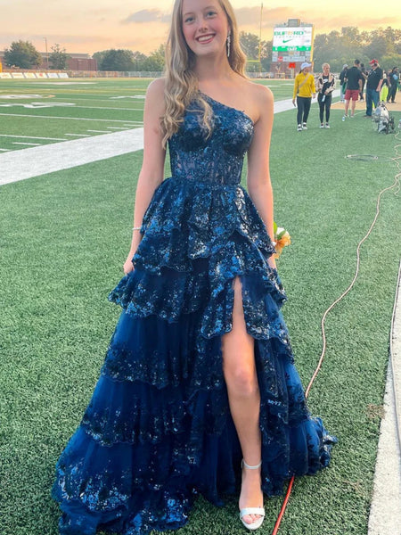 One Shoulder Layered Blue/Pink/Red Lace Long Prom Dresses with High Sl