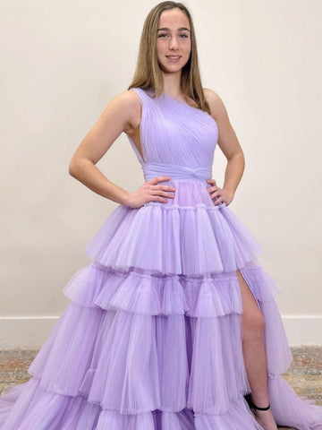 One Shoulder Lilac Tulle Long Prom Dresses with High Slit, One Shoulder Lilac Formal Dresses, Lilac Evening Dresses