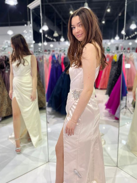 One Shoulder Mermaid Champagne Satin Long Prom Dresses with High Slit, Mermaid Champagne Formal Graduation Evening Dresses