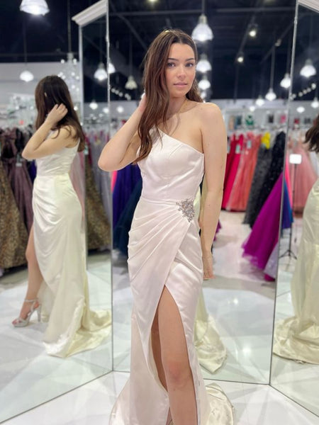 One Shoulder Mermaid Champagne Satin Long Prom Dresses with High Slit, Mermaid Champagne Formal Graduation Evening Dresses