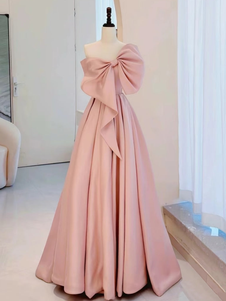 One Shoulder Pink Satin Long Prom Dresses, One Shoulder Pink Satin Long Formal Evening Dresses