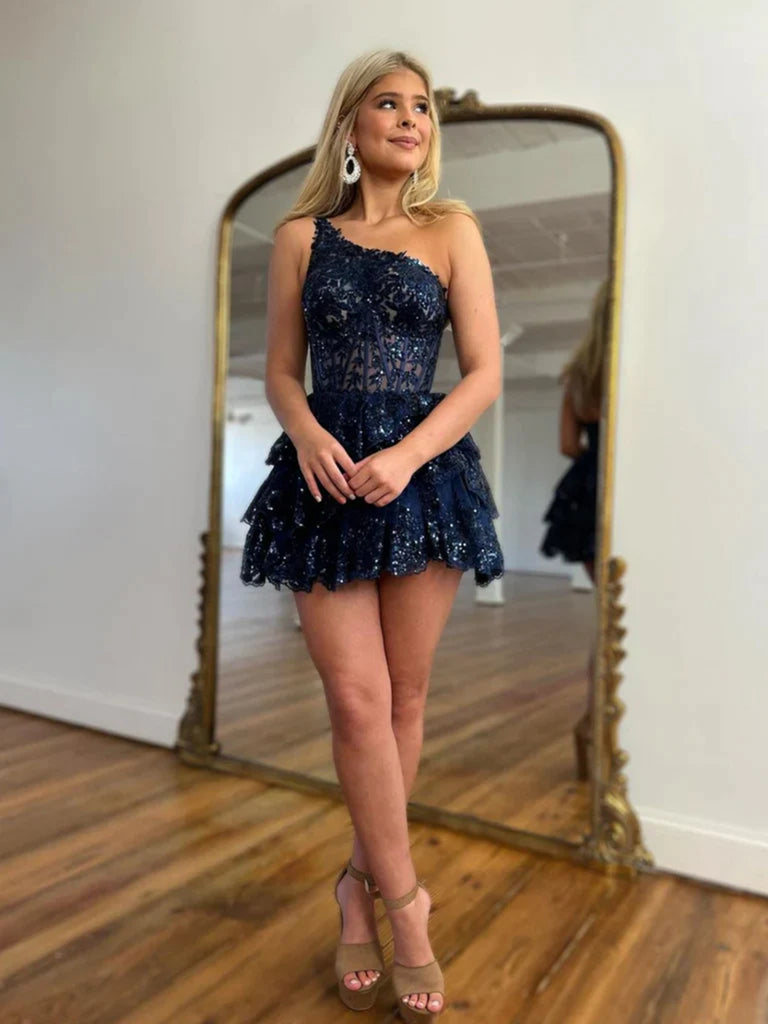 blue one shoulder short prom dress Blue one shoulder tulle lace short prom dress blue lace homecoming dre shdress