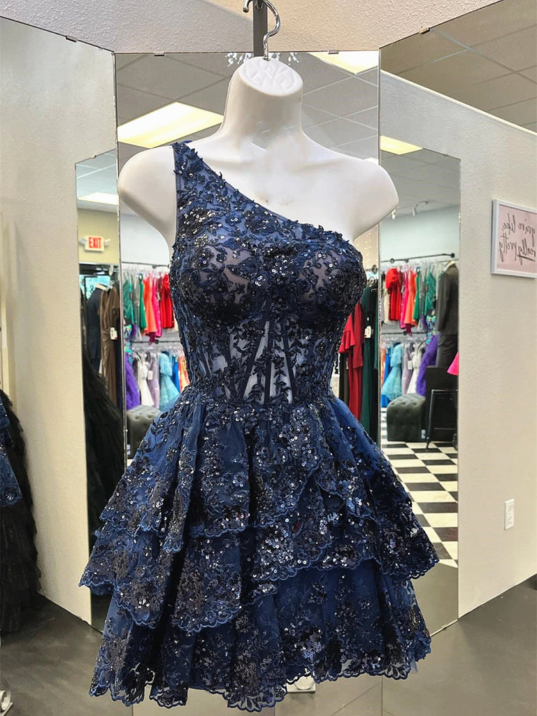 One Shoulder Short Navy Blue Lace Prom Dresses, One Shoulder Short Nav jbydress One Shoulder Short Navy Blue Lace Prom Dresses, One Shoulder Short Nav jbydress