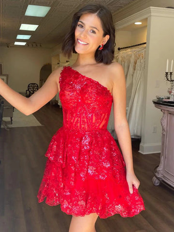 One Shoulder Short Red Lace Prom Dresses, One Shoulder Short Red Lace Formal Graduation Dresses