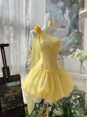 One Shoulder Short Yellow Prom Dresses, Yellow One Shoulder Short Formal Homecoming Dresses